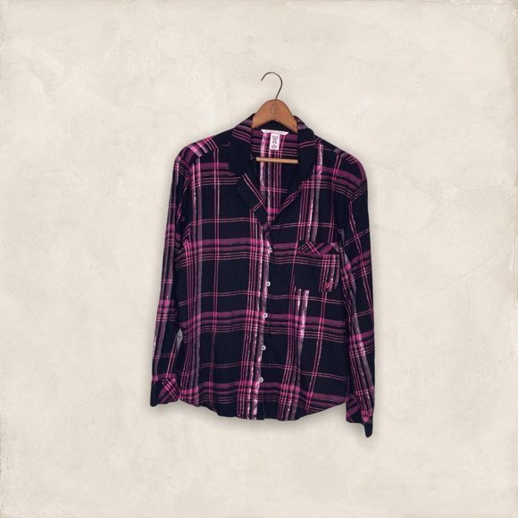 Victoria's Secret Medium M Pink Black Metallic Plaid Pajama Button Front Shirt - Picture 2 of 5
